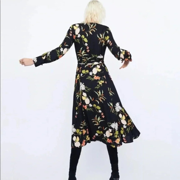 ZARA Black Floral Print Button Down Flowy Cottagecore Maxi Dress Size S - Picture 4 of 14
